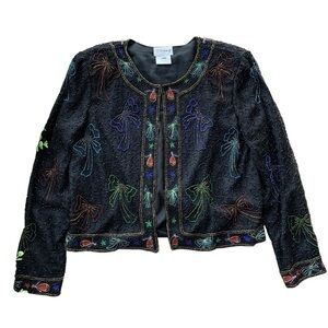 Vtg Stenay Silk Beaded Embroidered Bows Bells Cropped Formal Jacket Black Size M